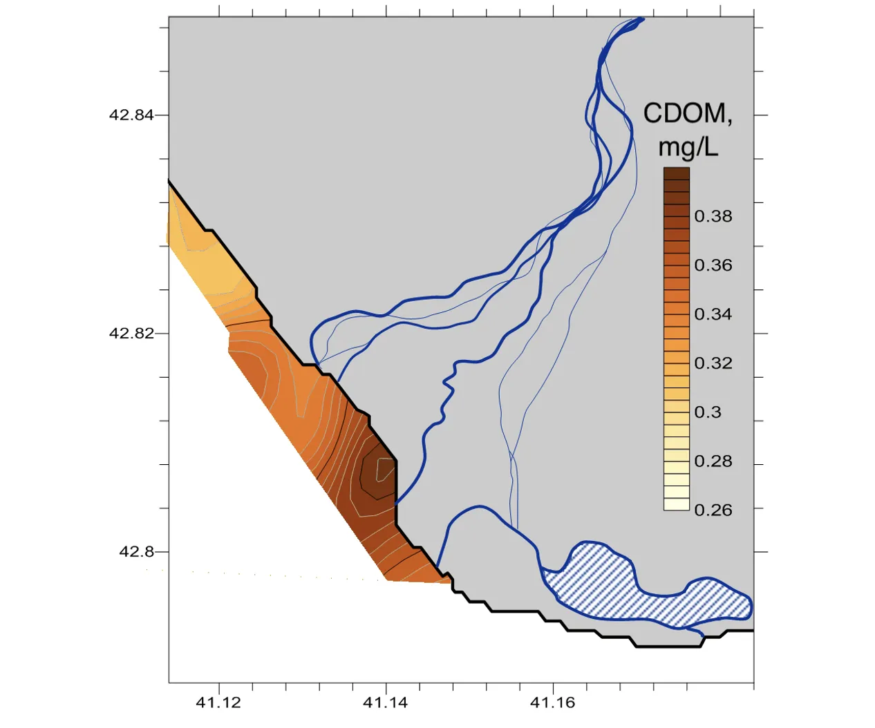 Interpolated CDOM field along a three-kilometre nearshore strip, peaking beside the river delta, Abkhazian coast, 29 August 2018