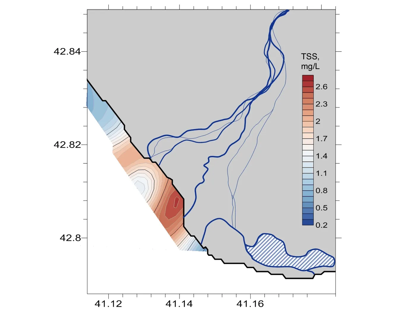 Interpolated total suspended solids field along a three-kilometre nearshore strip, peaking beside the river delta, Abkhazian coast, 29 August 2018