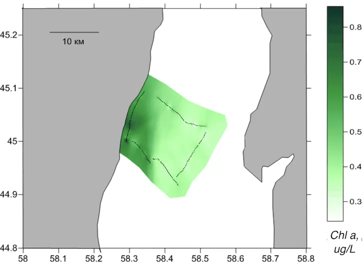 Interpolated chlorophyll a field mapped along the lidar track, Aral Sea, Aral Sea, 2009