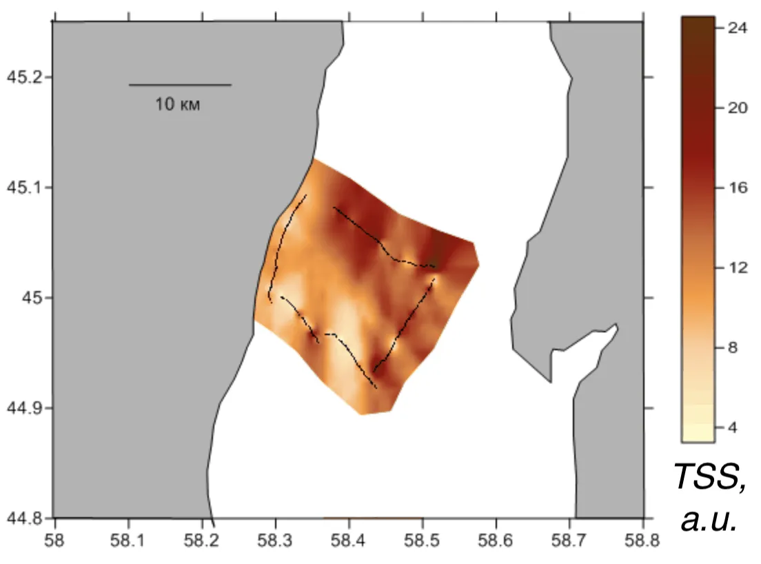 Interpolated total suspended solids field mapped along the lidar track, Aral Sea, Aral Sea, 2009