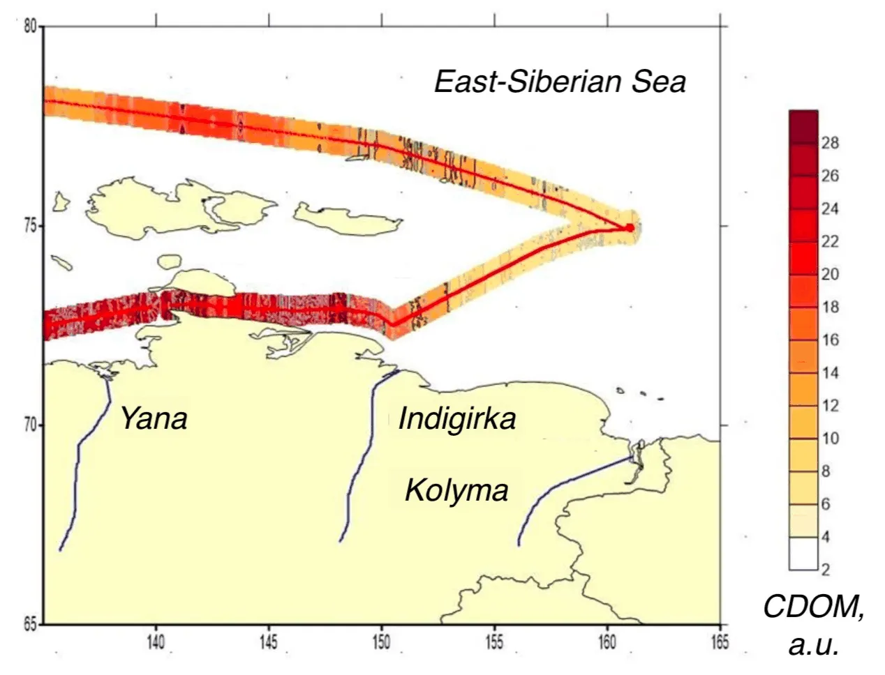 Interpolated CDOM field mapped along the lidar track, Kara, Laptev, East Siberian seas, East Siberian Sea leg
