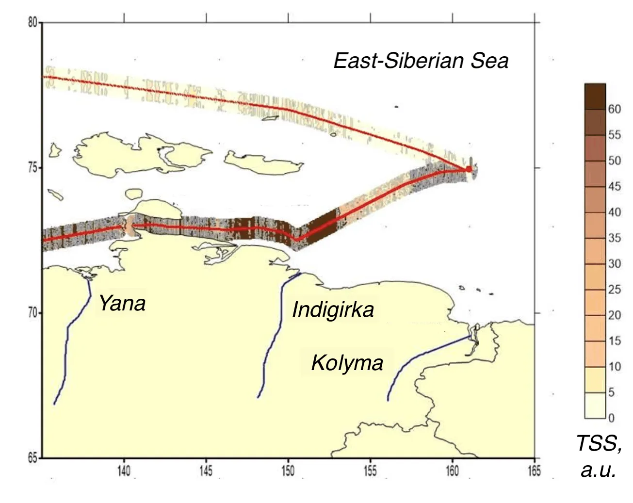 Interpolated total suspended solids field mapped along the lidar track, Kara, Laptev, East Siberian seas, East Siberian Sea leg