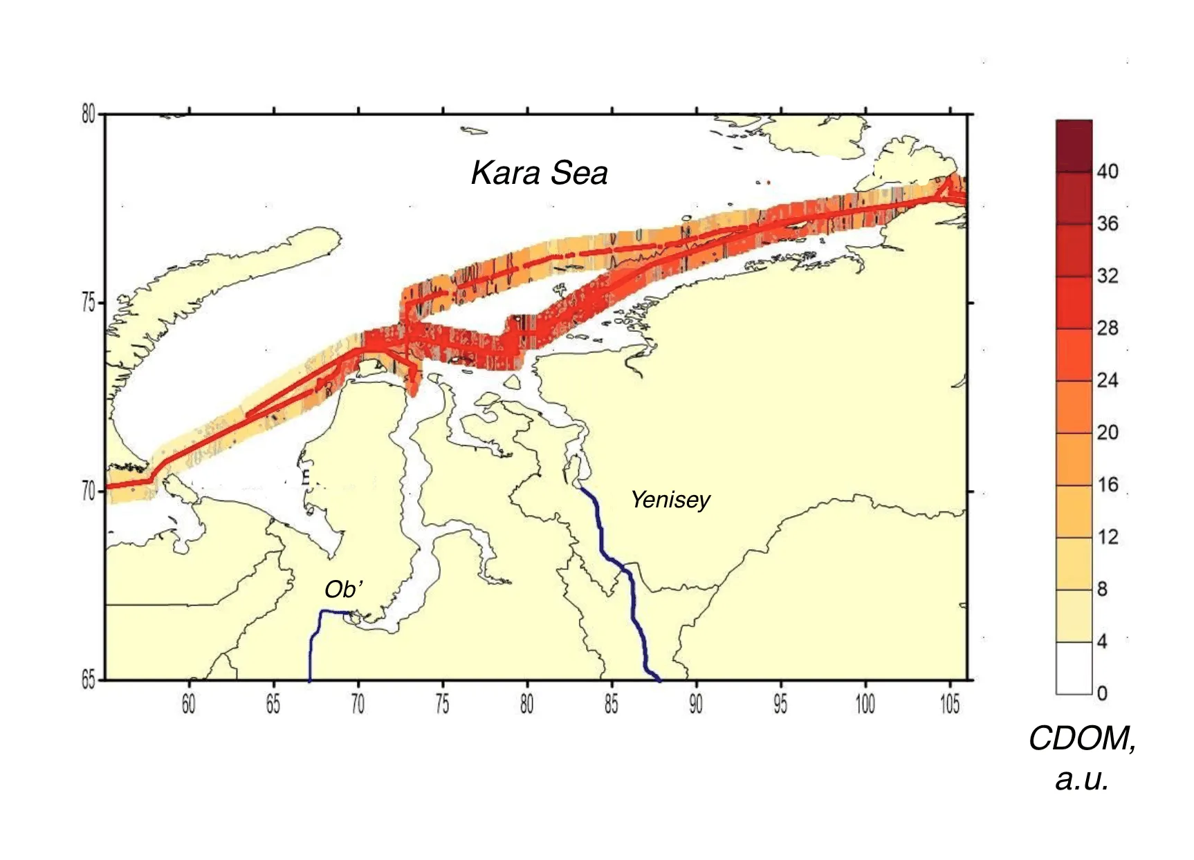 Interpolated CDOM field mapped along the lidar track, Kara, Laptev, East Siberian seas, Kara Sea leg
