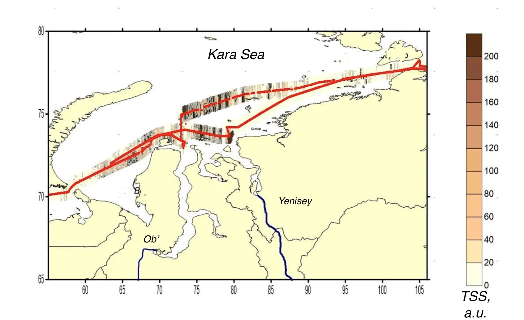 Interpolated total suspended solids field mapped along the lidar track, Kara, Laptev, East Siberian seas, Kara Sea leg