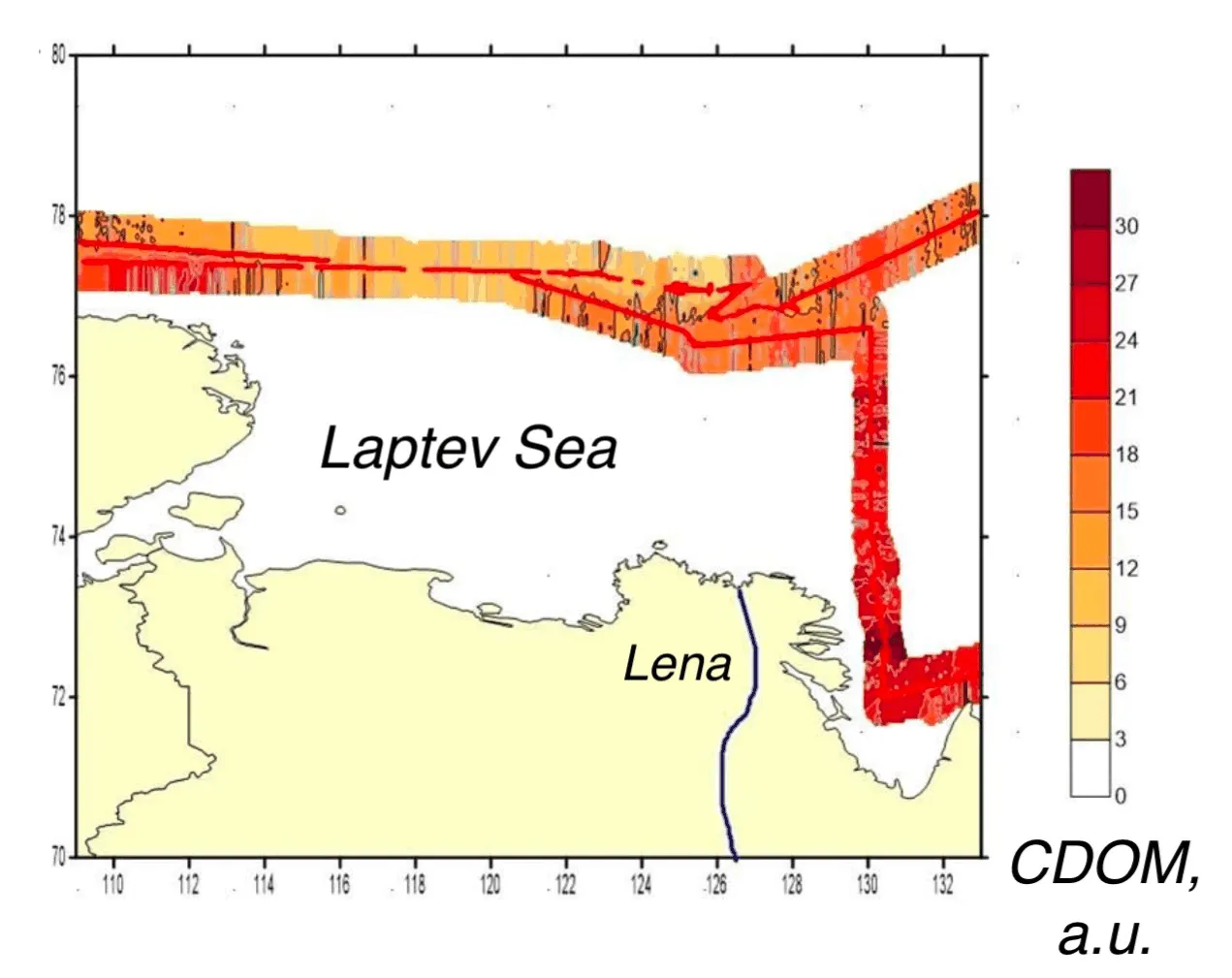 Interpolated CDOM field mapped along the lidar track, Kara, Laptev, East Siberian seas, Laptev Sea leg