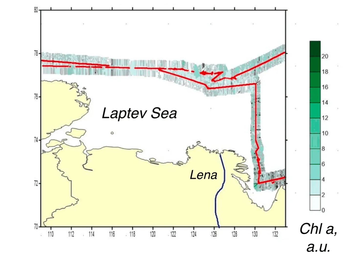 Interpolated chlorophyll a field mapped along the lidar track, Kara, Laptev, East Siberian seas, Laptev Sea leg