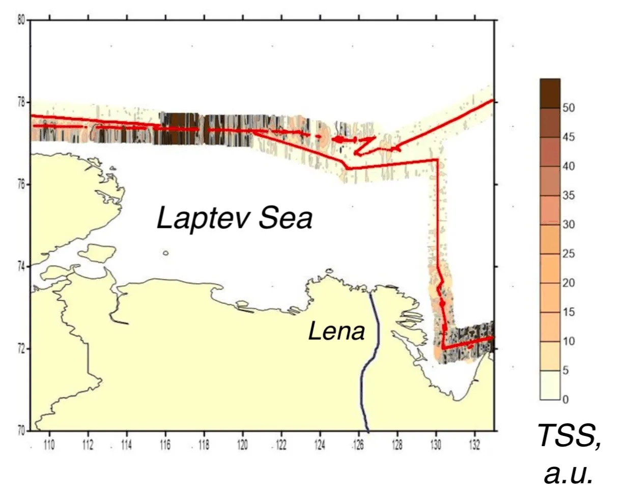 Interpolated total suspended solids field mapped along the lidar track, Kara, Laptev, East Siberian seas, Laptev Sea leg
