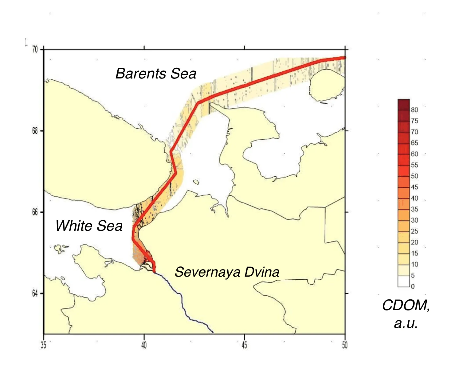 Interpolated CDOM field mapped along the lidar track, Kara, Laptev, East Siberian seas, White Sea leg