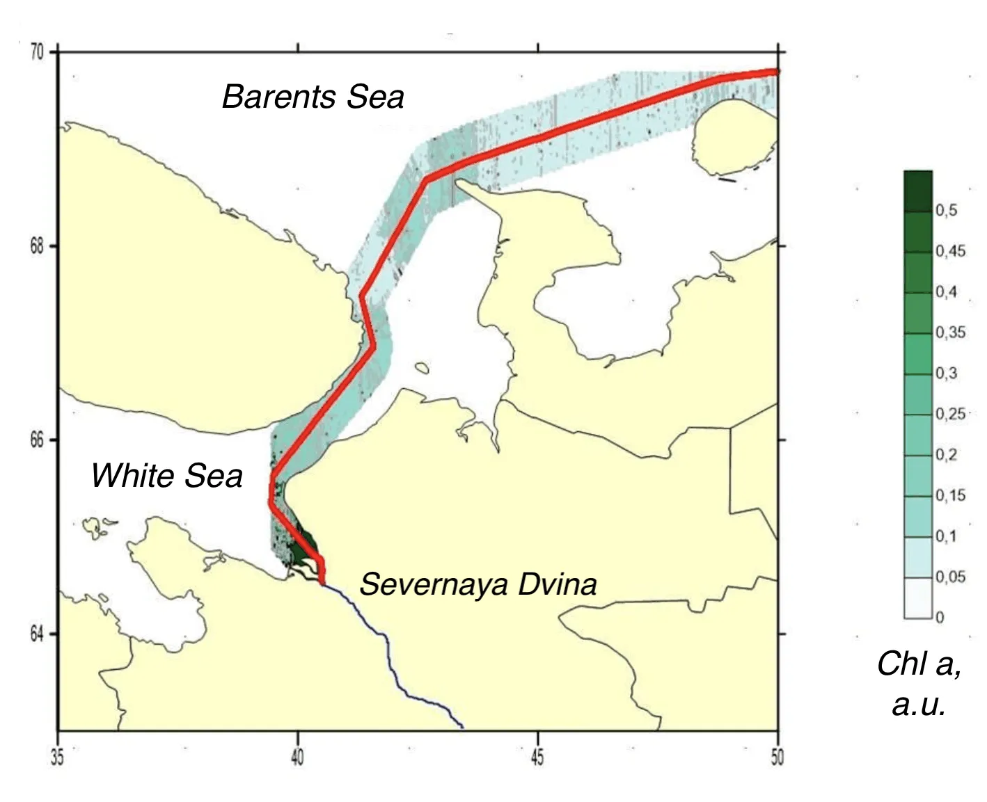 Interpolated chlorophyll a field mapped along the lidar track, Kara, Laptev, East Siberian seas, White Sea leg