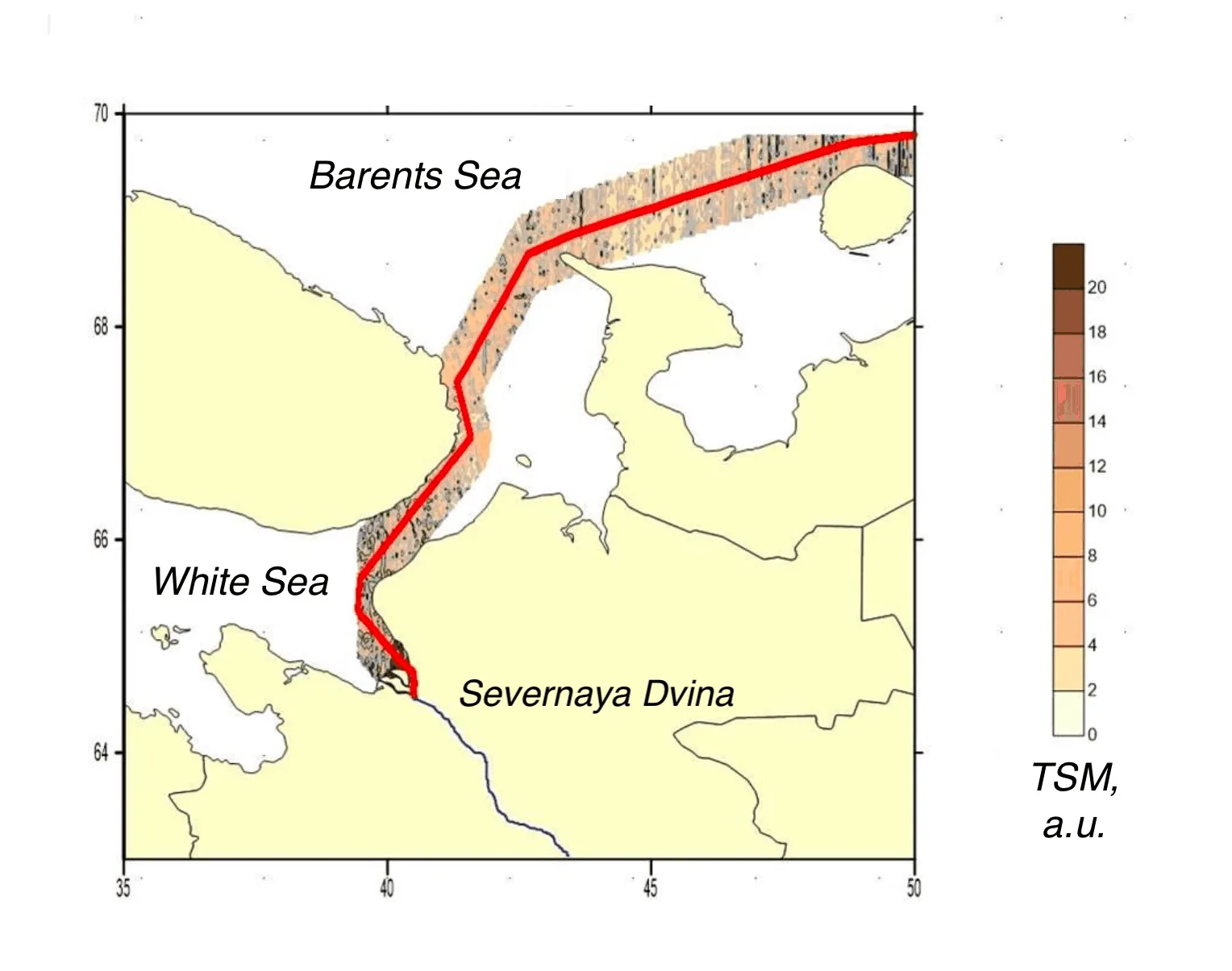 Interpolated total suspended matter field mapped along the lidar track, Kara, Laptev, East Siberian seas, White Sea leg