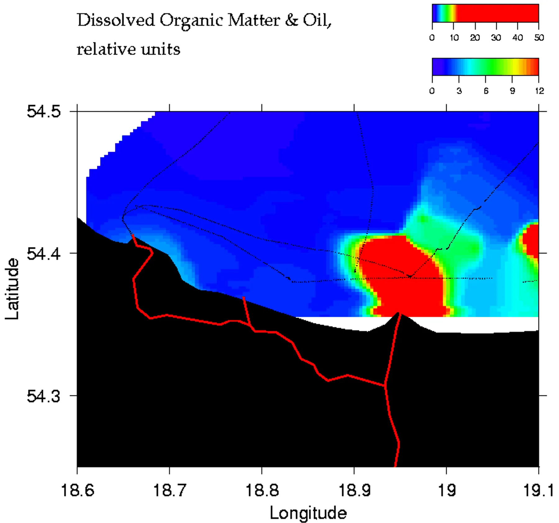 Interpolated dissolved organic matter and oil field mapped along the lidar track, Gdańsk Bay, Sambian coast, Polish coast, 2006