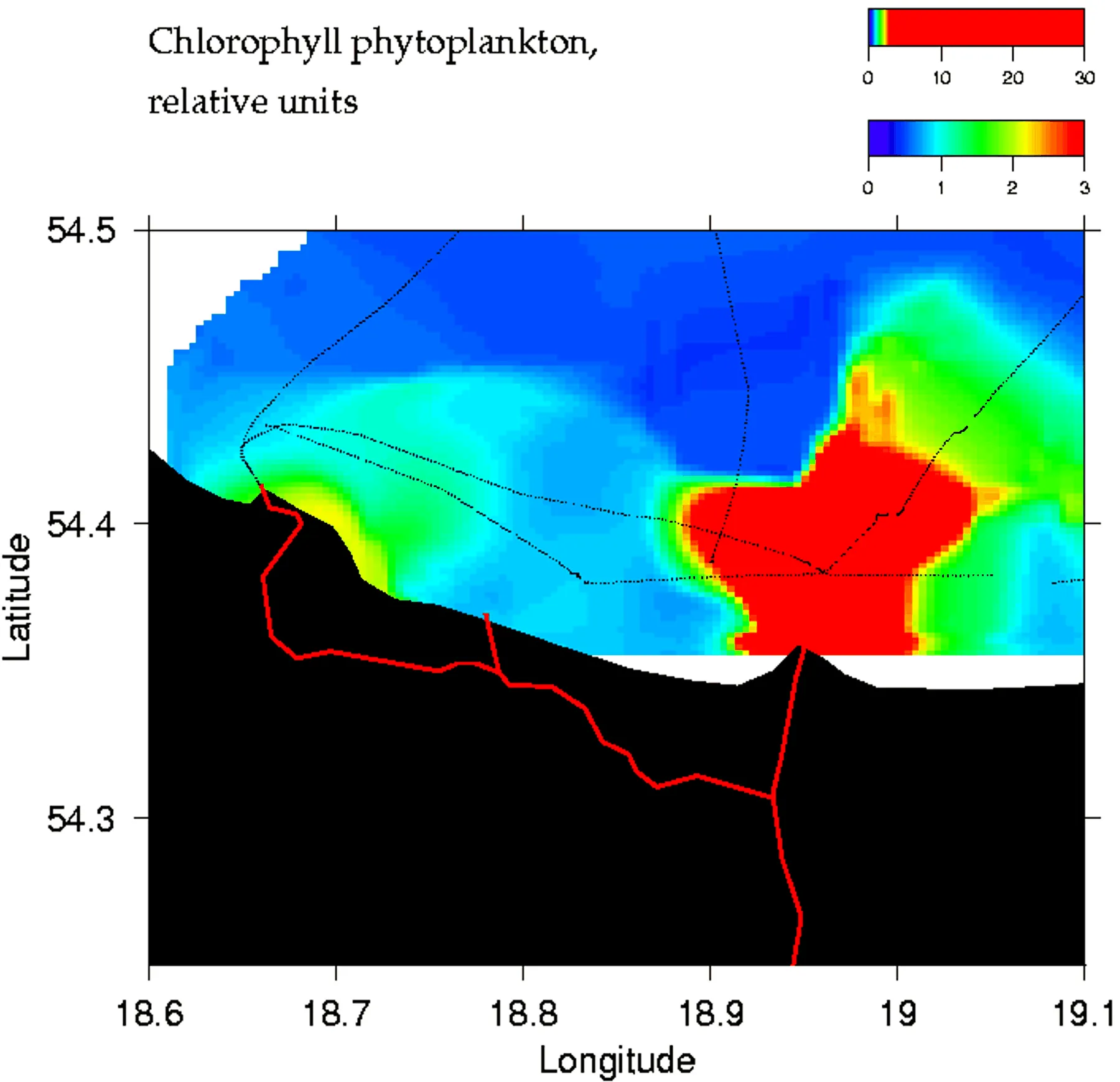 Interpolated phytoplankton chlorophyll field mapped along the lidar track, Gdańsk Bay, Sambian coast, Polish coast, 2006