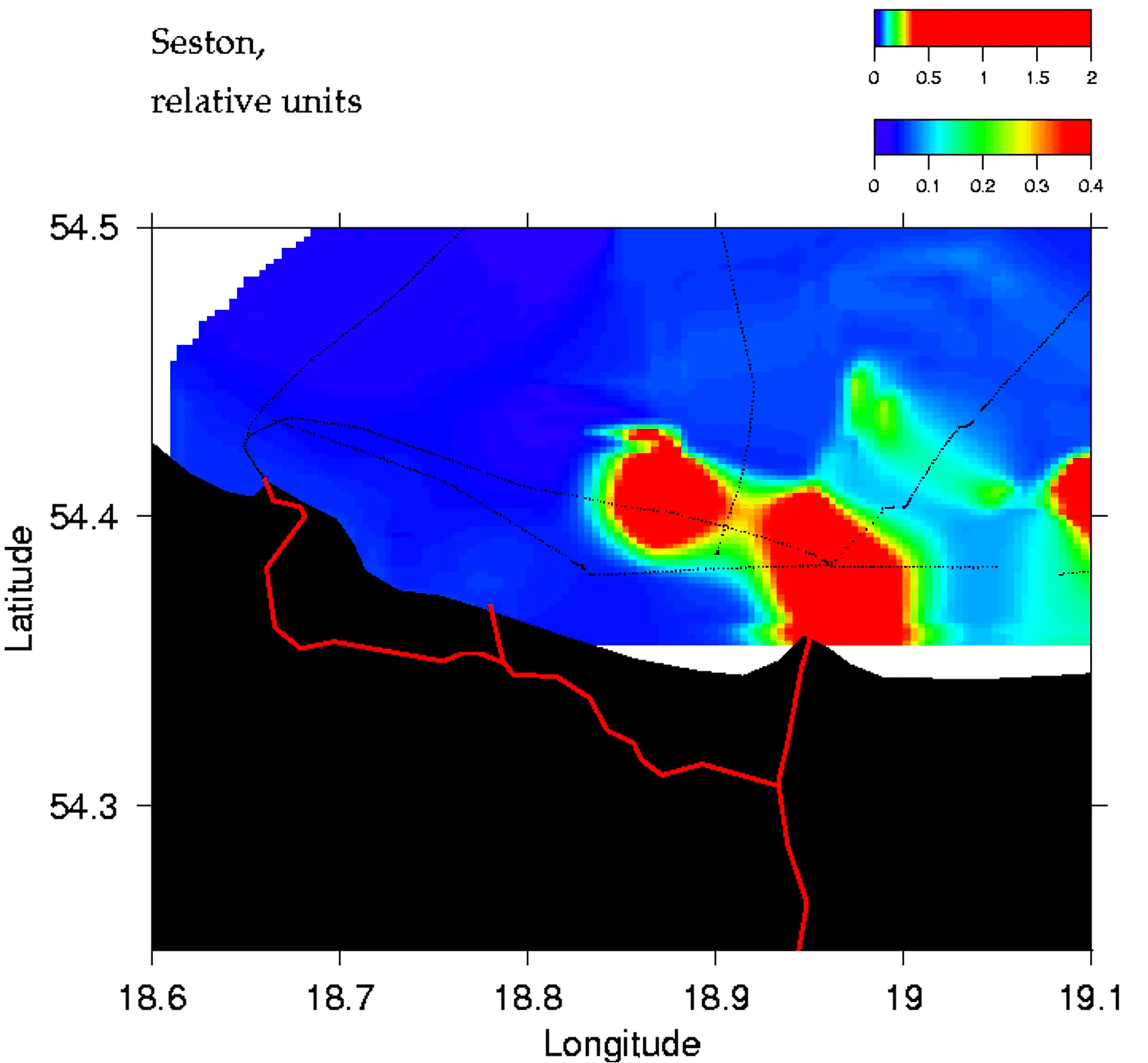 Interpolated seston field mapped along the lidar track, Gdańsk Bay, Sambian coast, Polish coast, 2006