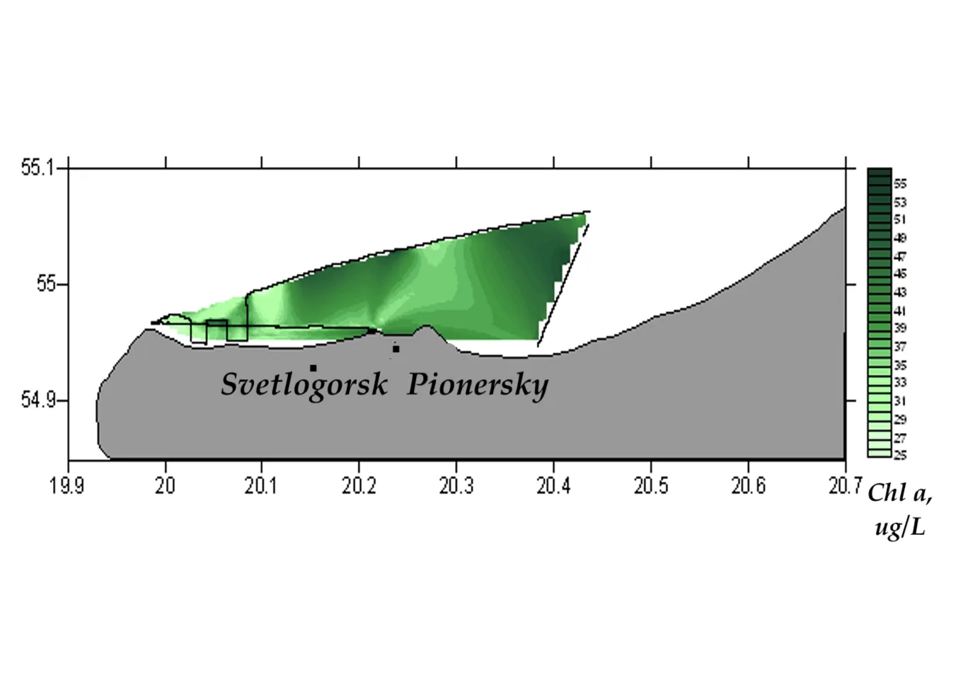 Interpolated chlorophyll a field mapped along the lidar track, Gdańsk Bay, Sambian coast, Sambian coast, 2011
