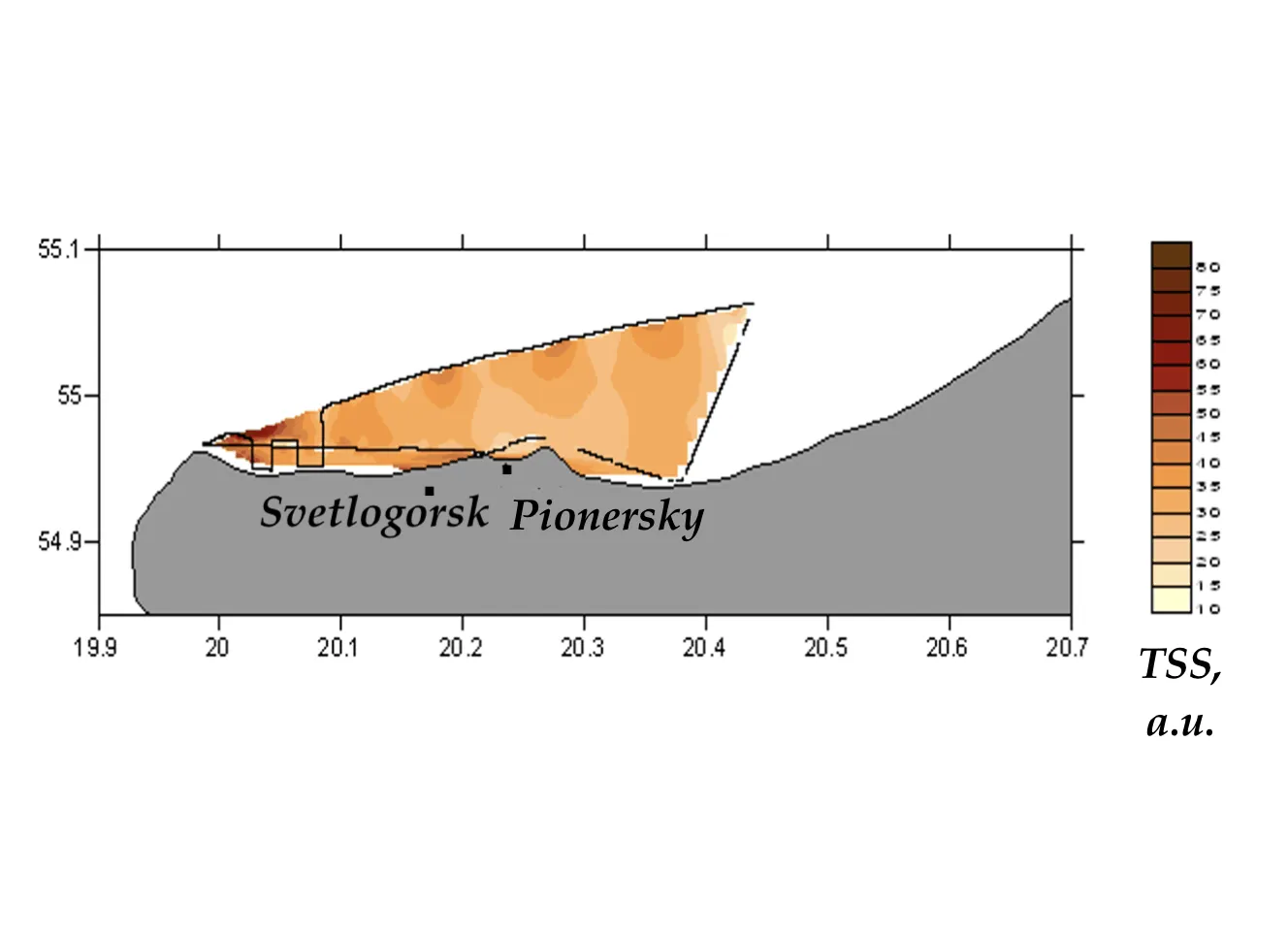 Interpolated total suspended solids field mapped along the lidar track, Gdańsk Bay, Sambian coast, Sambian coast, 2011