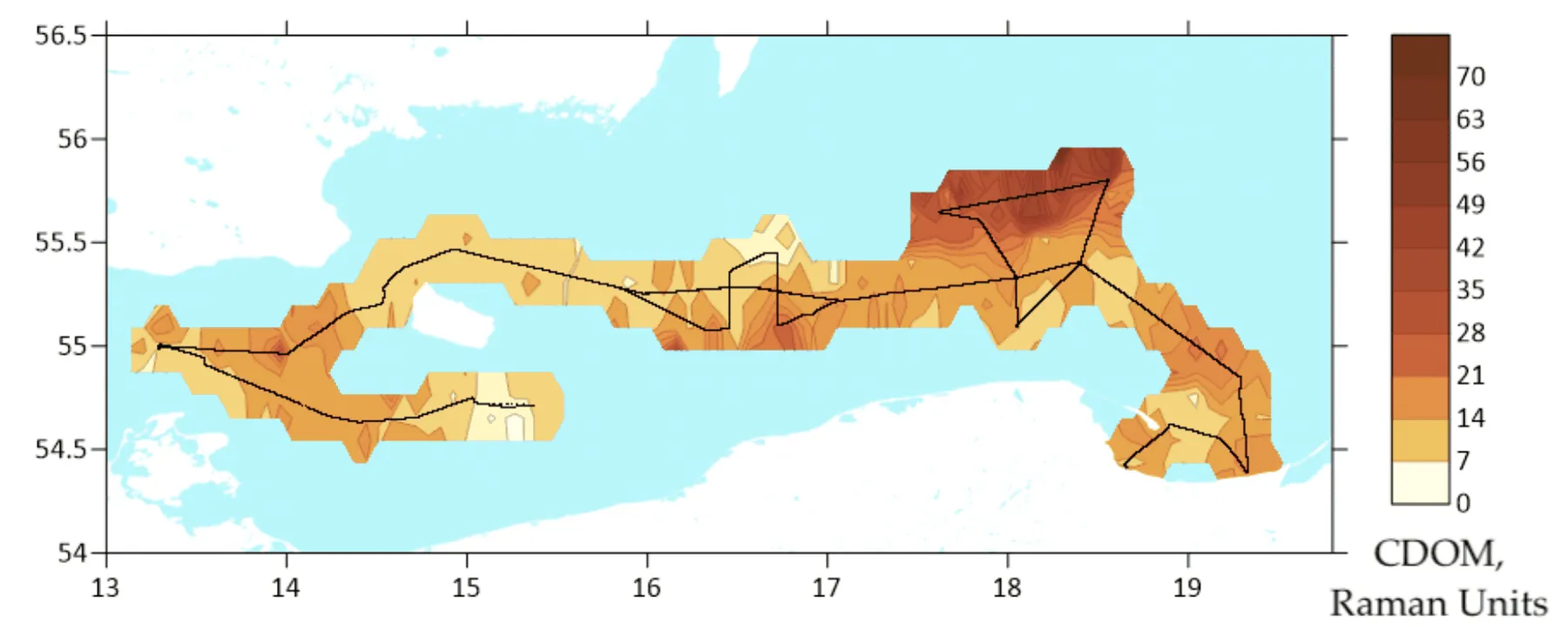 Interpolated CDOM field mapped along the lidar track, Arkona Basin → Gdańsk Bay, Arkona Basin to Gdansk Bay, 2015