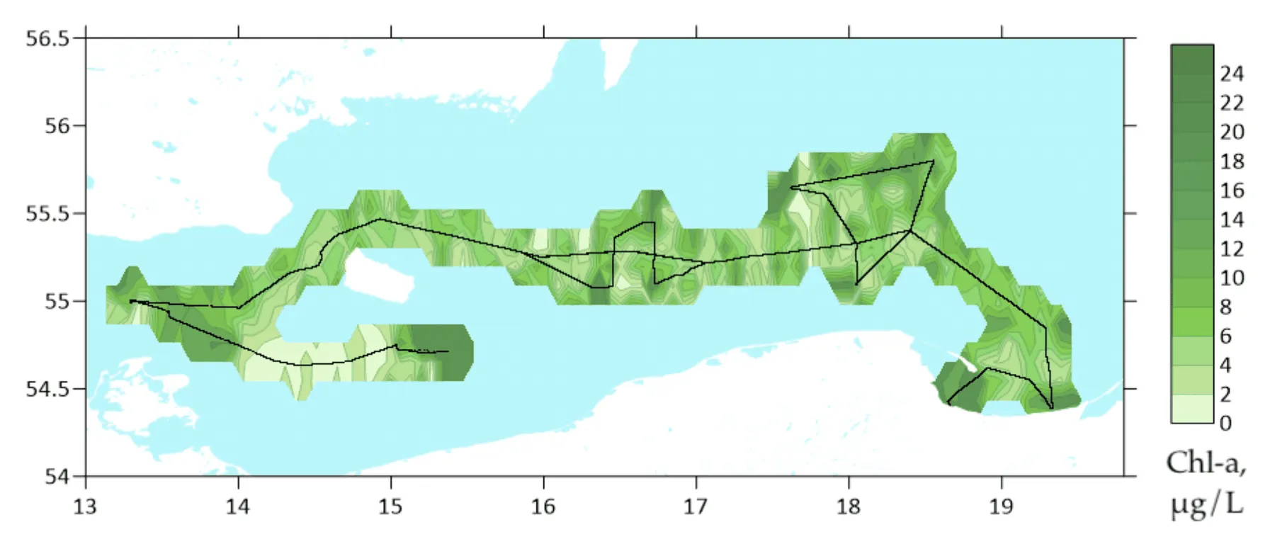 Interpolated chlorophyll a field mapped along the lidar track, Arkona Basin → Gdańsk Bay, Arkona Basin to Gdansk Bay, 2015