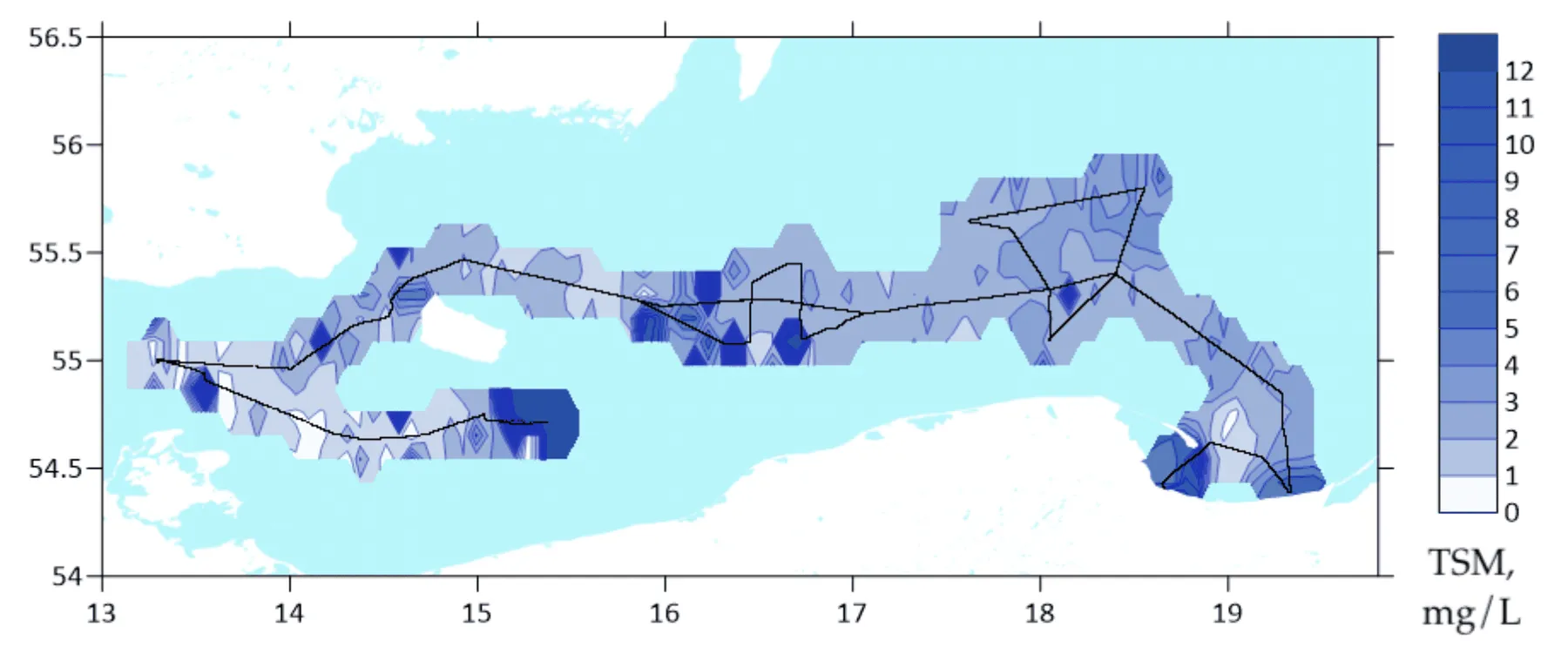 Interpolated total suspended matter field mapped along the lidar track, Arkona Basin → Gdańsk Bay, Arkona Basin to Gdansk Bay, 2015