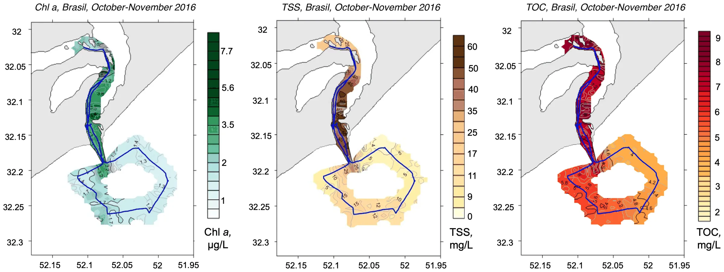 Three interpolated survey maps of Patos Lagoon, Brazil, October–November 2016: chlorophyll a in µg/L, total suspended solids and total organic carbon in mg/L, each over the same vessel track