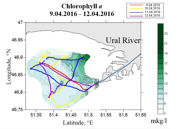 Interpolated chlorophyll a field mapped along the lidar track, Northern Caspian, Volga delta, Northern Caspian, 2016