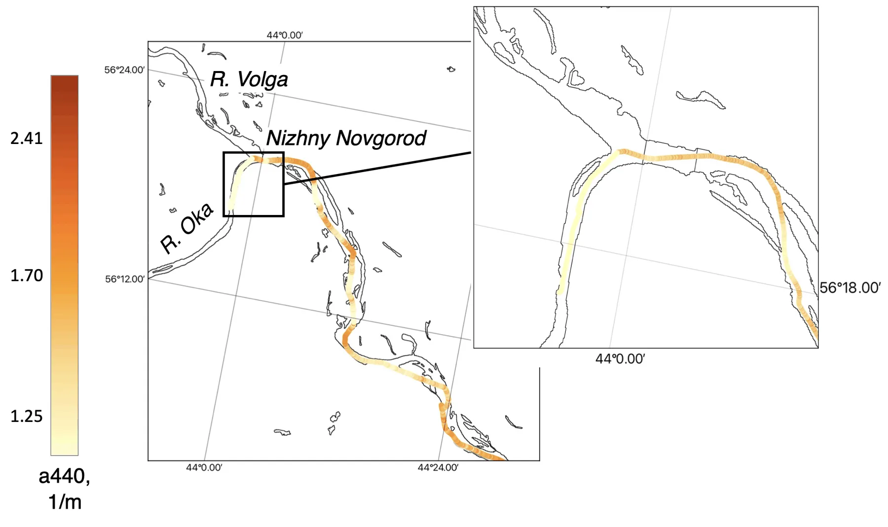 Interpolated CDOM absorption at 440 nm field mapped along the lidar track, Gorky Reservoir, Volga, Gorky Reservoir, 2023