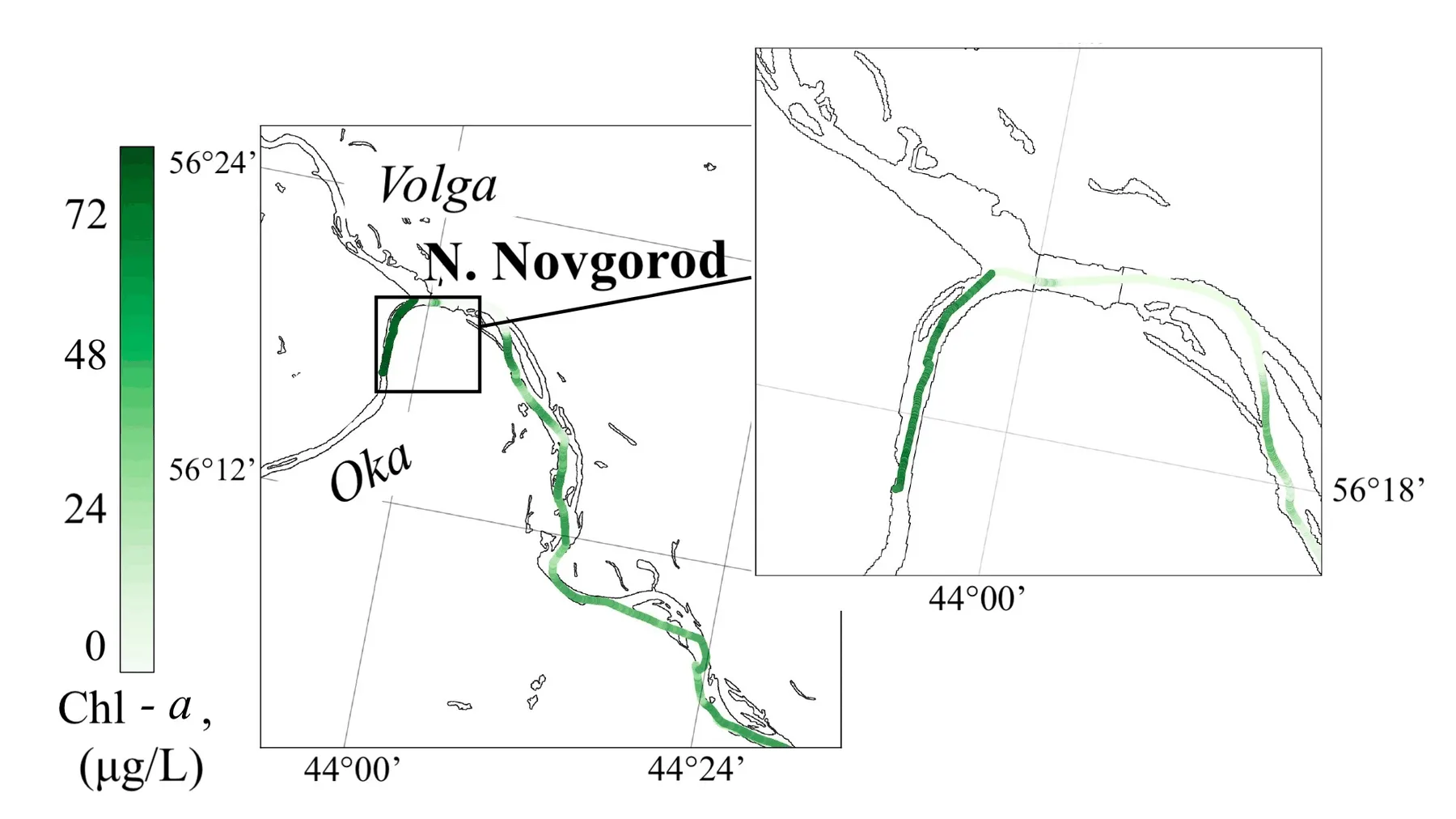 Interpolated chlorophyll a field mapped along the lidar track, Gorky Reservoir, Volga, Gorky Reservoir, 2023