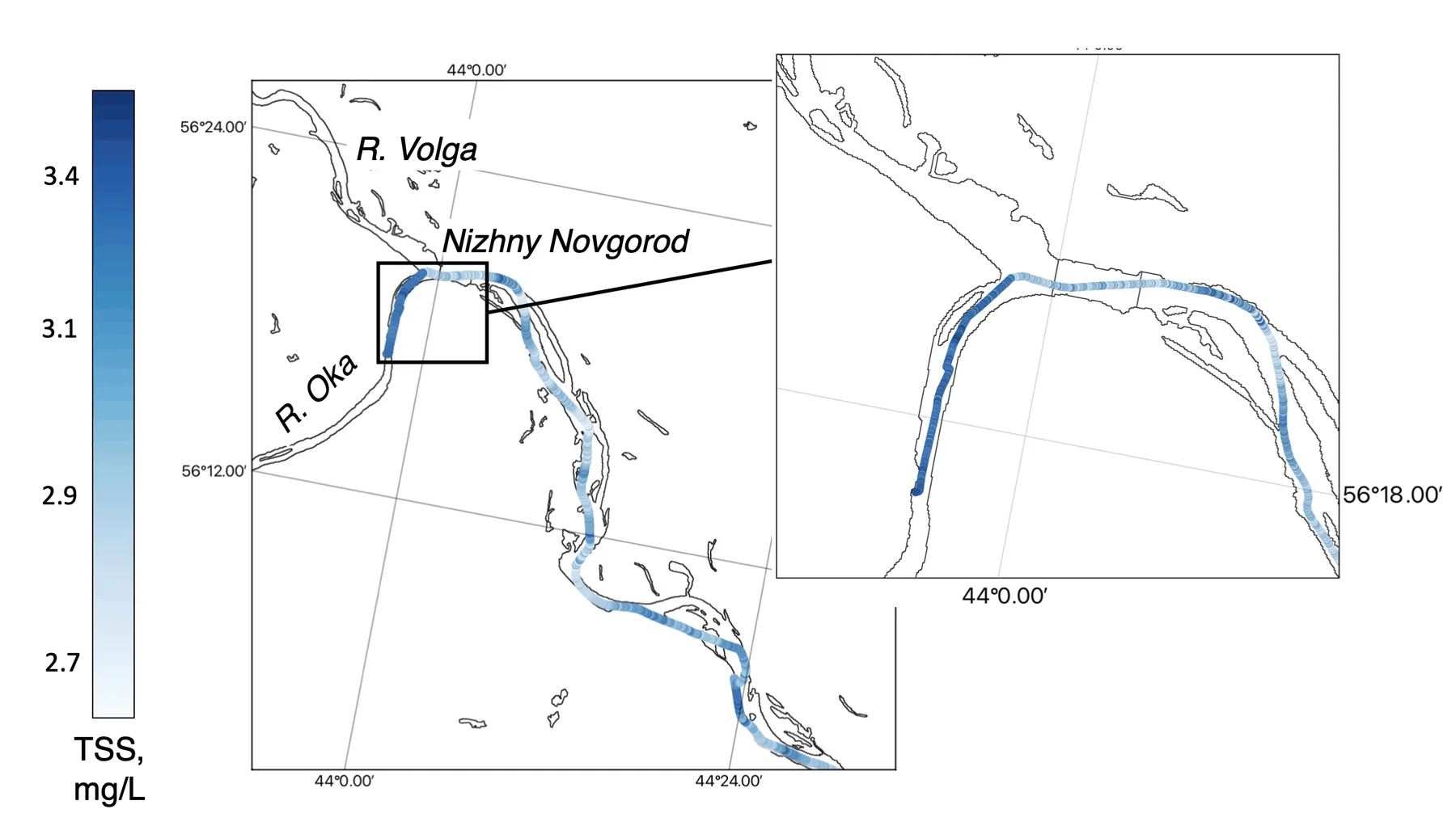 Interpolated total suspended solids field mapped along the lidar track, Gorky Reservoir, Volga, Gorky Reservoir, 2023