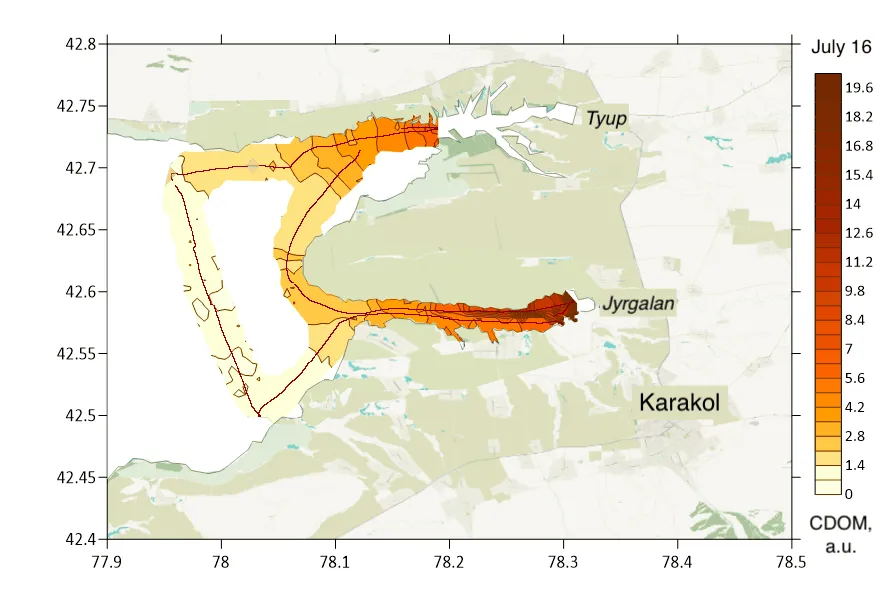 Interpolated CDOM field mapped along the lidar track, Lake Issyk-Kul, Eastern basin, July 2022