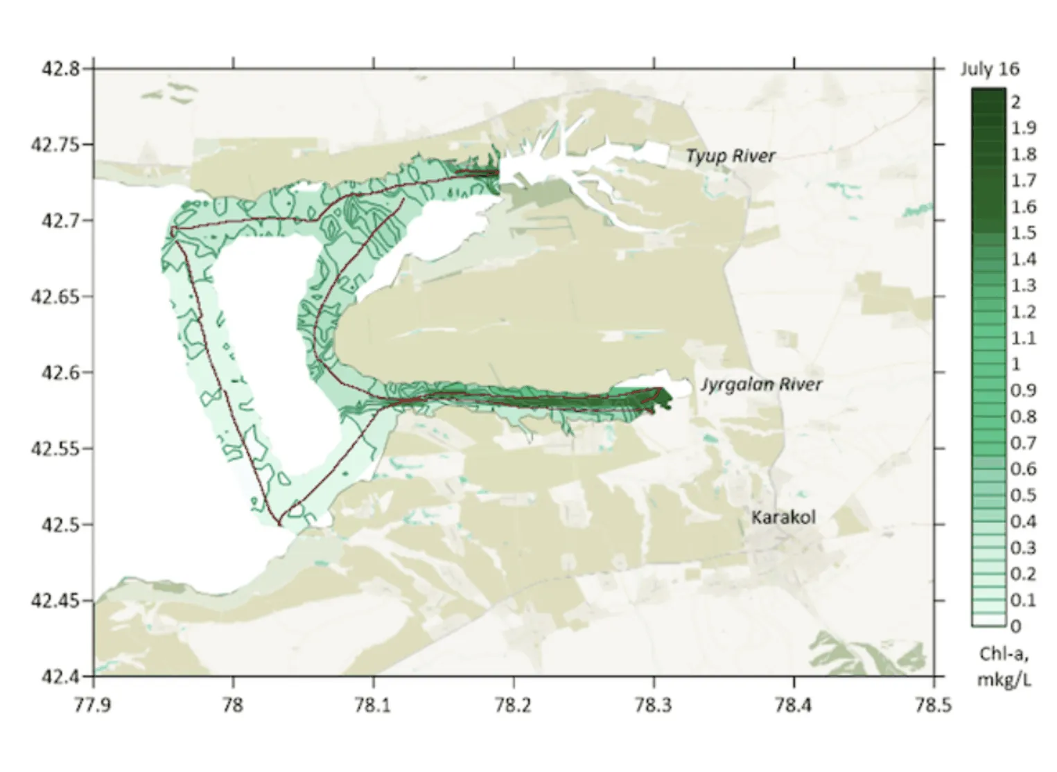 Interpolated chlorophyll a field mapped along the lidar track, Lake Issyk-Kul, Eastern basin, July 2022