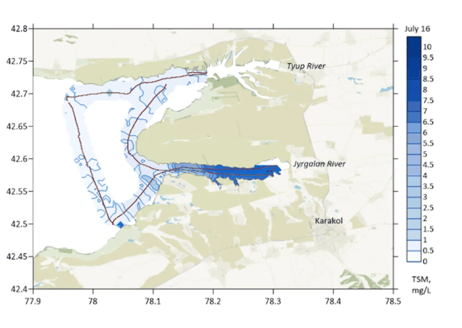 Interpolated total suspended matter field mapped along the lidar track, Lake Issyk-Kul, Eastern basin, July 2022