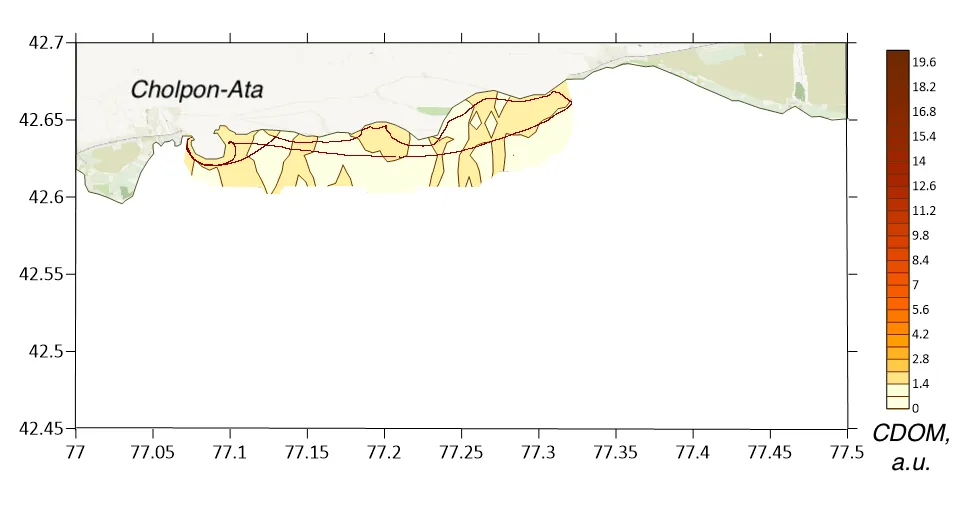 Interpolated CDOM field mapped along the lidar track, Lake Issyk-Kul, Northern shore, July 2022
