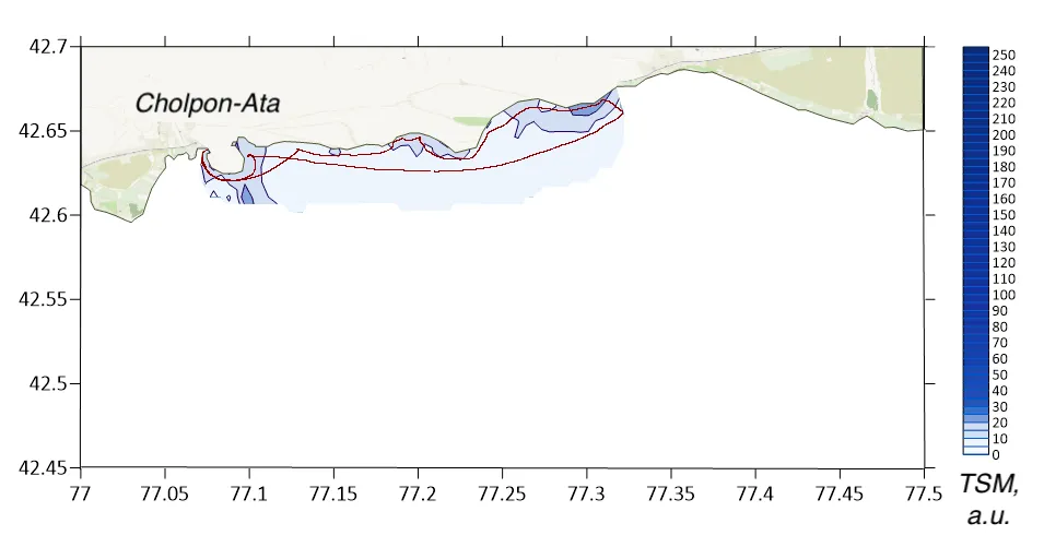 Interpolated total suspended matter field mapped along the lidar track, Lake Issyk-Kul, Northern shore, July 2022