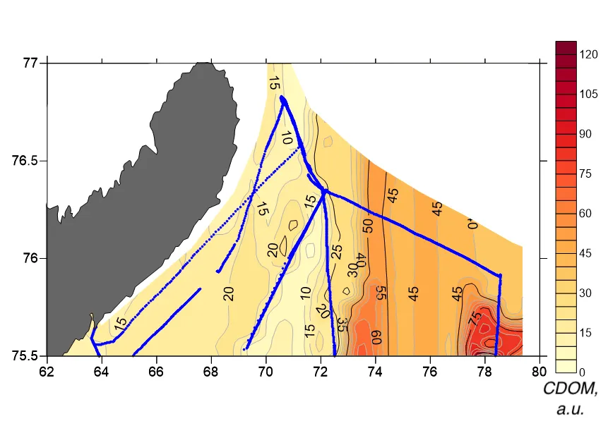 Interpolated CDOM field mapped along the lidar track, Kara Sea, July 2016