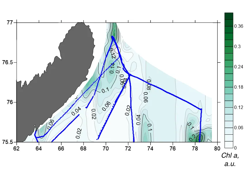 Interpolated chlorophyll a field mapped along the lidar track, Kara Sea, July 2016