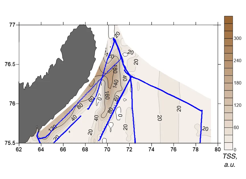 Interpolated total suspended solids field mapped along the lidar track, Kara Sea, July 2016
