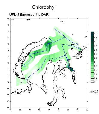 Interpolated chlorophyll a field mapped along the lidar track, Kara Sea, Regional composite