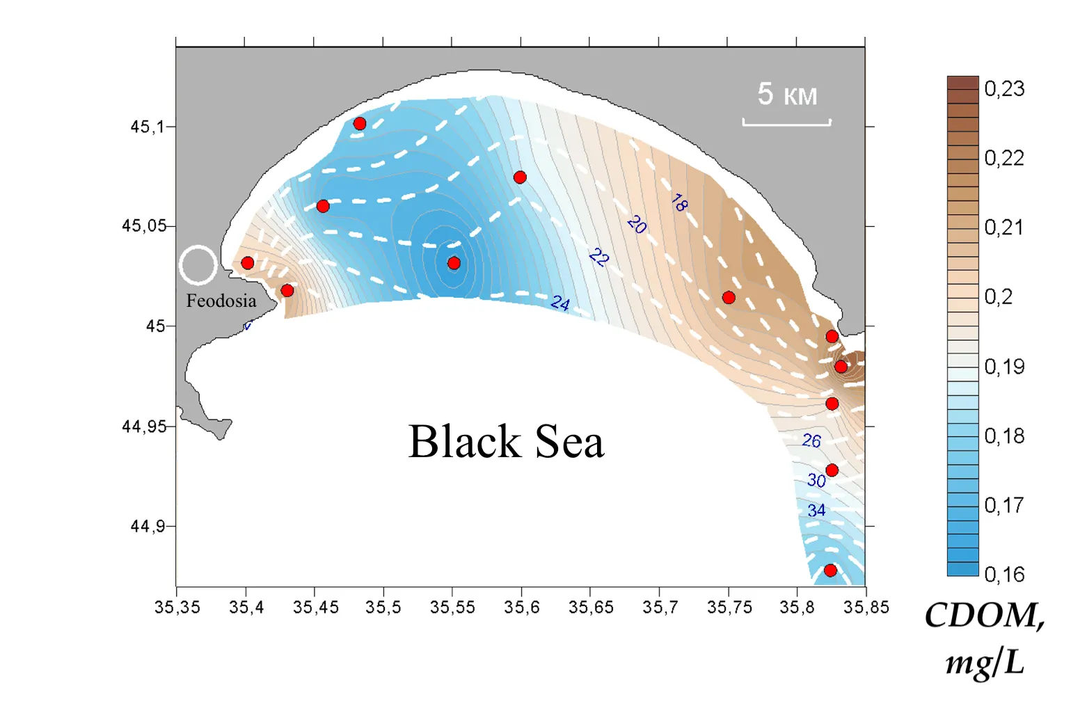 Interpolated CDOM field mapped along the lidar track, Kerch Strait, 19 May 2015