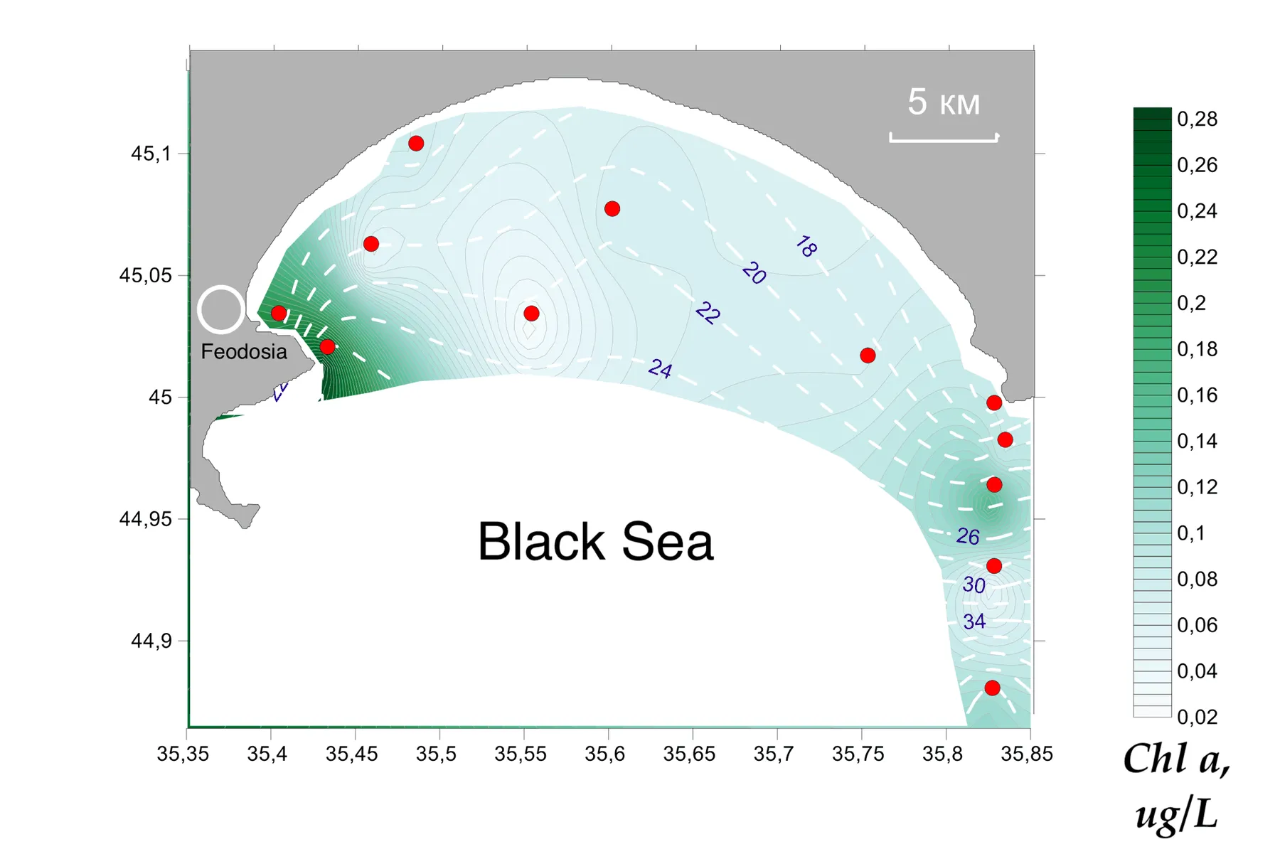 Interpolated chlorophyll a field mapped along the lidar track, Kerch Strait, 19 May 2015