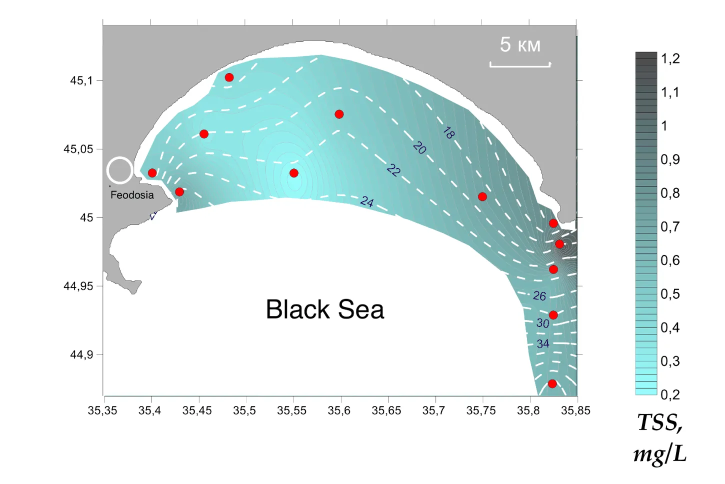 Interpolated total suspended solids field mapped along the lidar track, Kerch Strait, 19 May 2015