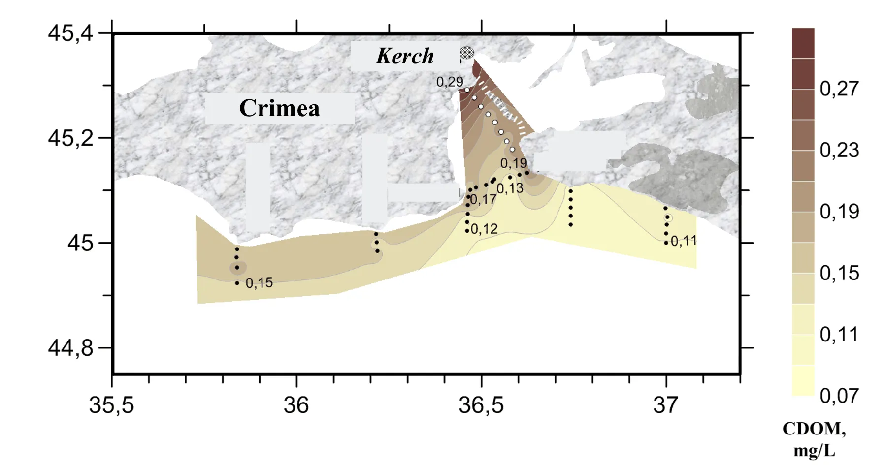 Interpolated CDOM field mapped along the lidar track, Kerch Strait, July 2020