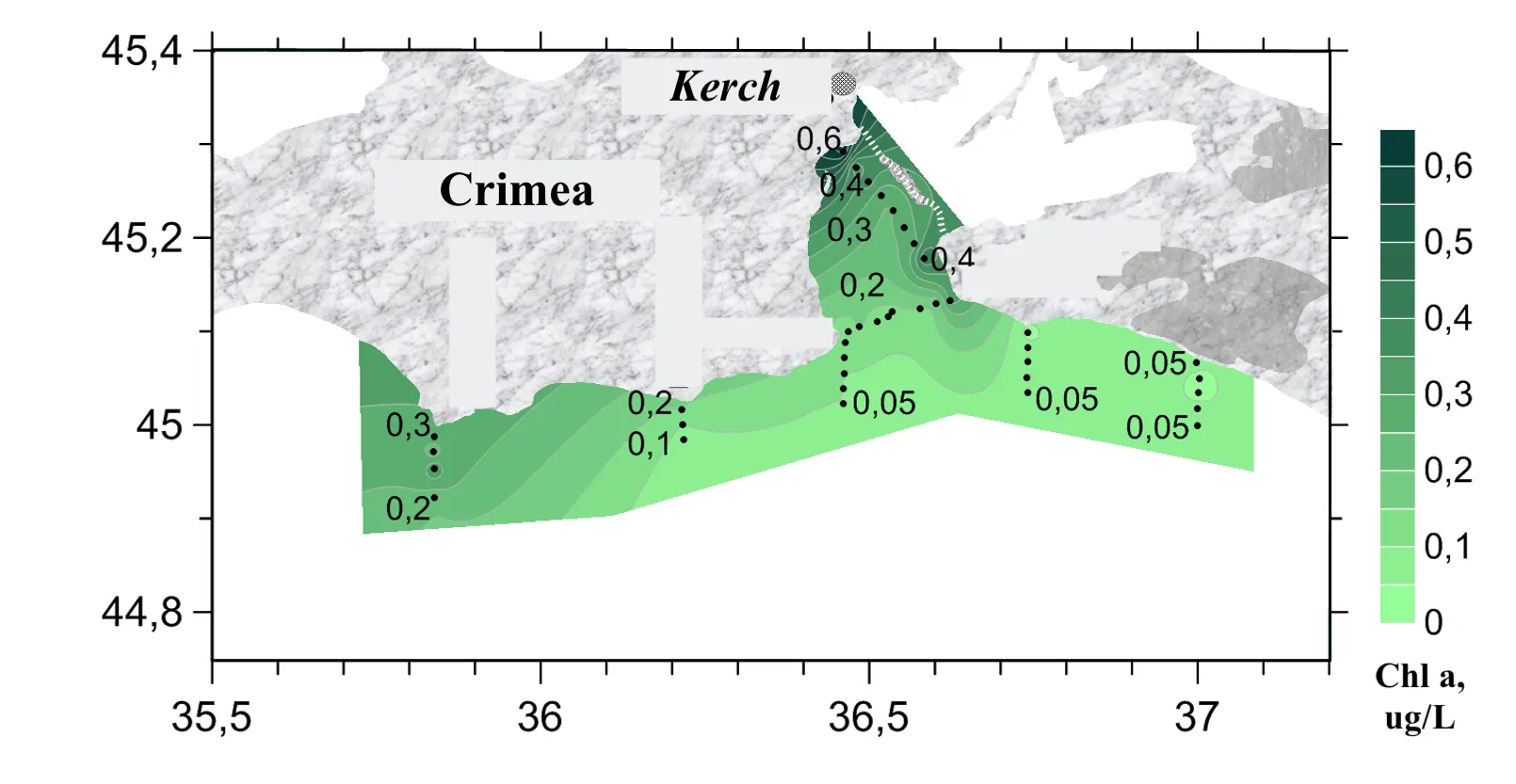 Interpolated chlorophyll a field mapped along the lidar track, Kerch Strait, July 2020