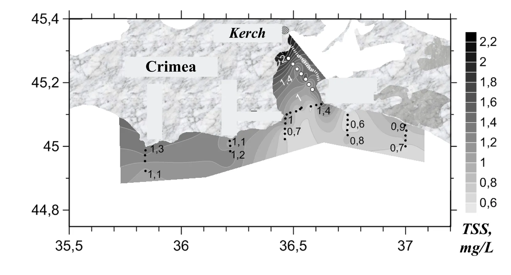 Interpolated total suspended solids field mapped along the lidar track, Kerch Strait, July 2020