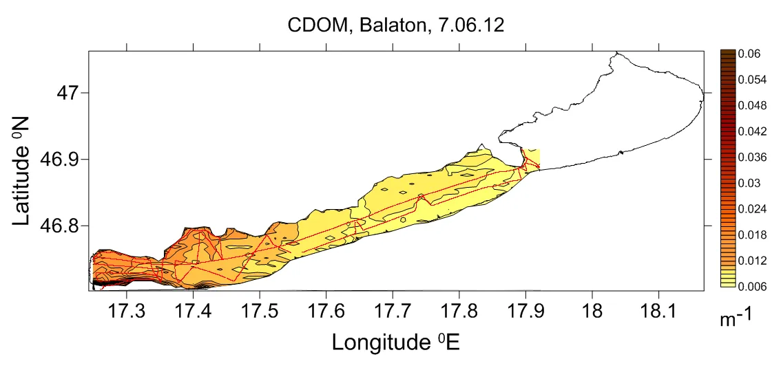 Interpolated CDOM field mapped along the lidar track, Lake Balaton, 7 June 2012