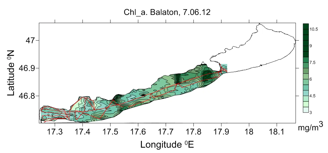 Interpolated chlorophyll a field mapped along the lidar track, Lake Balaton, 7 June 2012