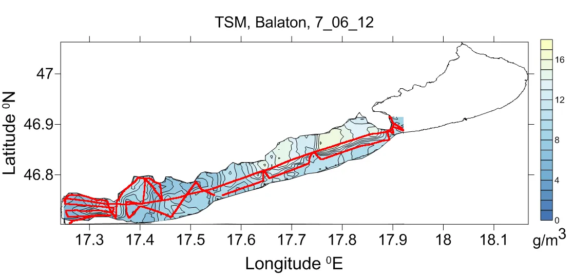 Interpolated total suspended matter field mapped along the lidar track, Lake Balaton, 7 June 2012