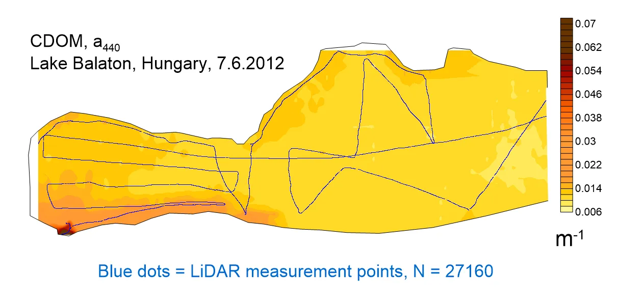 Interpolated CDOM field mapped along the lidar track, Lake Balaton, Whole-lake composite