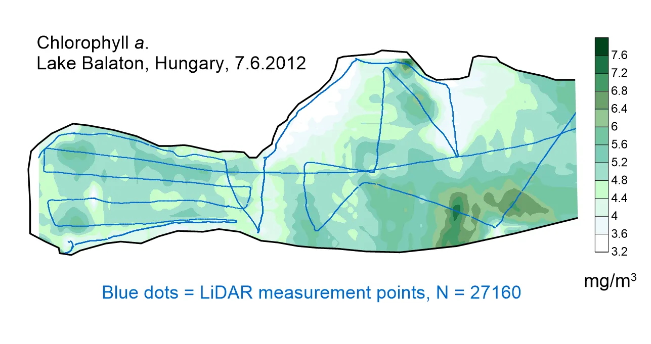Interpolated chlorophyll a field mapped along the lidar track, Lake Balaton, Whole-lake composite
