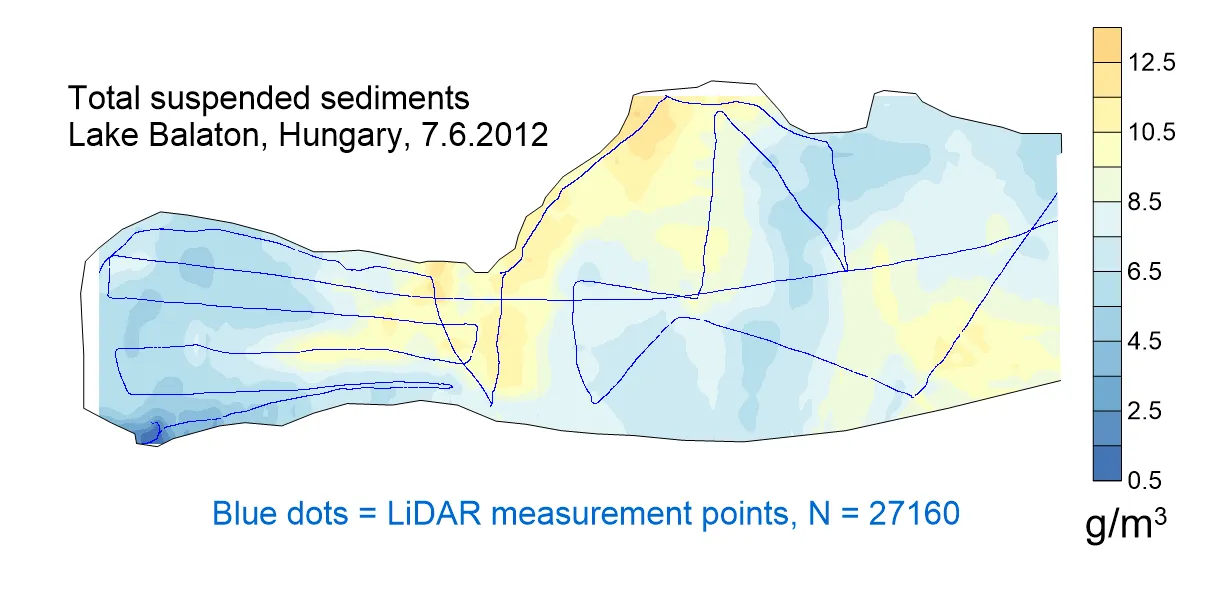 Interpolated total suspended sediment field mapped along the lidar track, Lake Balaton, Whole-lake composite