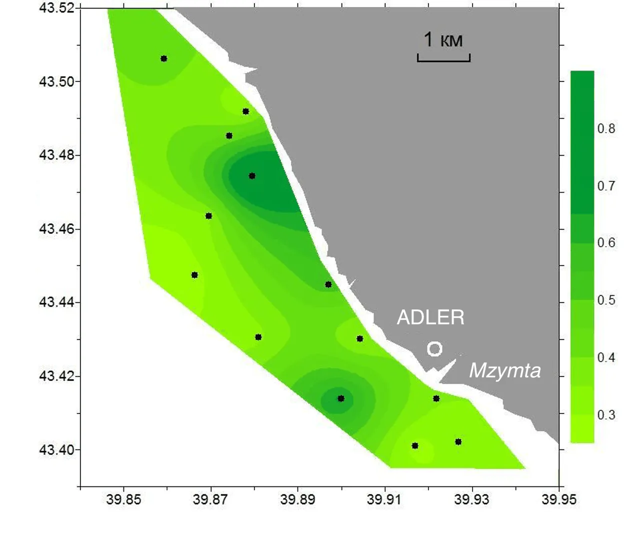 Interpolated chlorophyll a field mapped along the lidar track, Sochi shelf, 27 May 2010