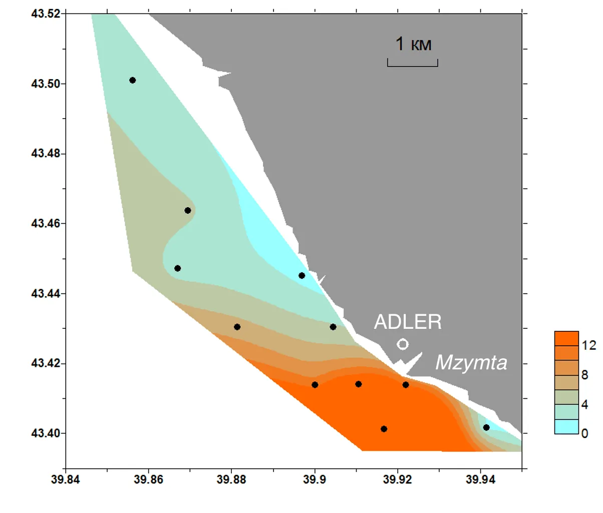 Interpolated total suspended solids field mapped along the lidar track, Sochi shelf, 27 May 2010
